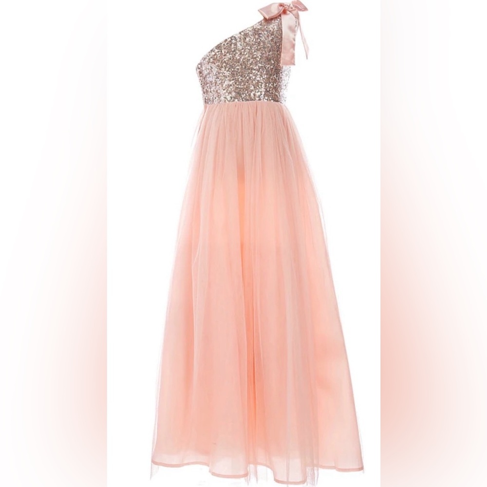 Peach and gold Poppies & Roses faux-fur trim one shoulder sequins dress Sz 7